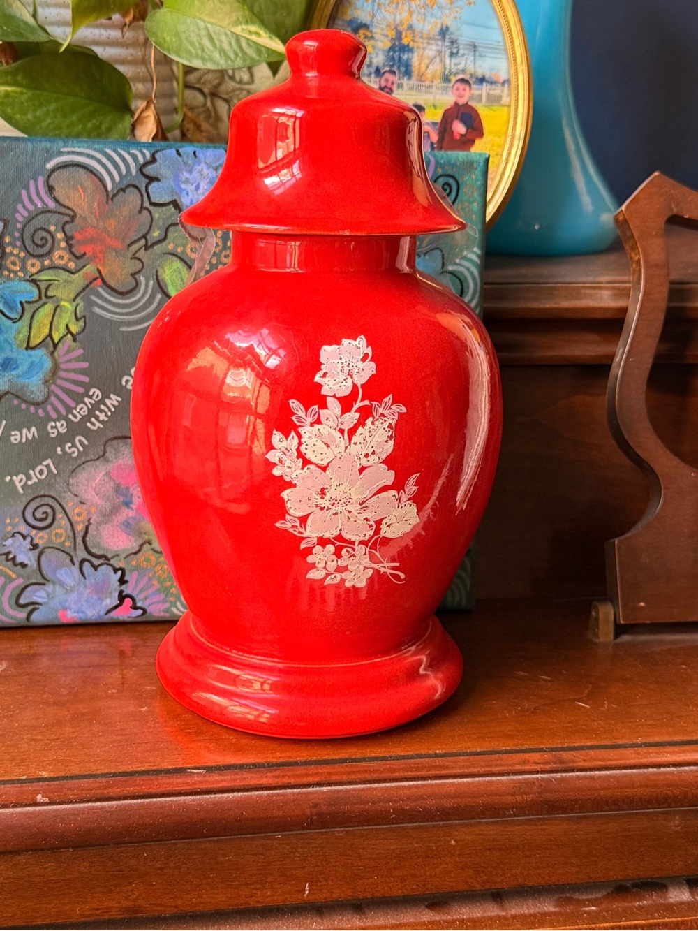 Vintage Red Floral Ceramic Ginger Jar - Decorative Home Accent